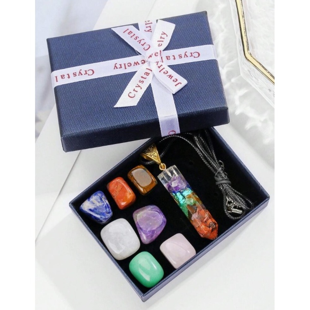 7 Chakra Crystal Healing Set Hexagonal Resin Pendant Necklace Tumbled Stones Box
